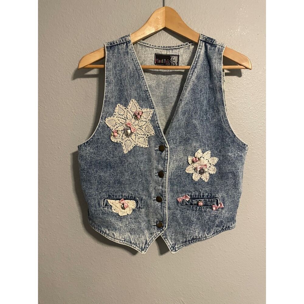 Vintage Pinot Noir Women Vest Large Denim Acid Wash Crochet Trim Cottagecore 80s